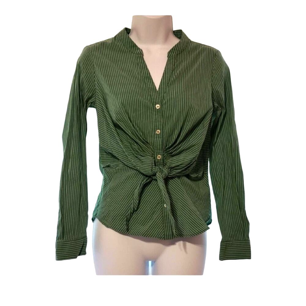 Anthropologie Maeve Long Sleeve Green Striped Front Tie Top Size 0